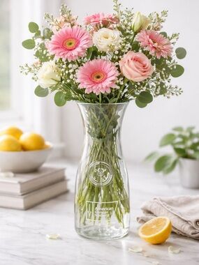 Anchor Hocking American Cancer Vase Vintage Glass Etched Society Carafe Vase